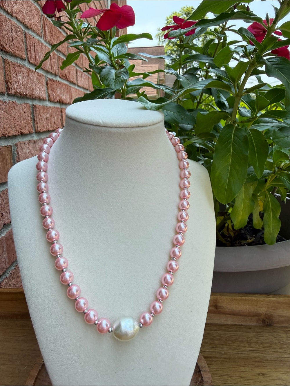 Faux Pink Pearl & Silver Beaded Necklace – 18” with Large Baroque Faux Pearl